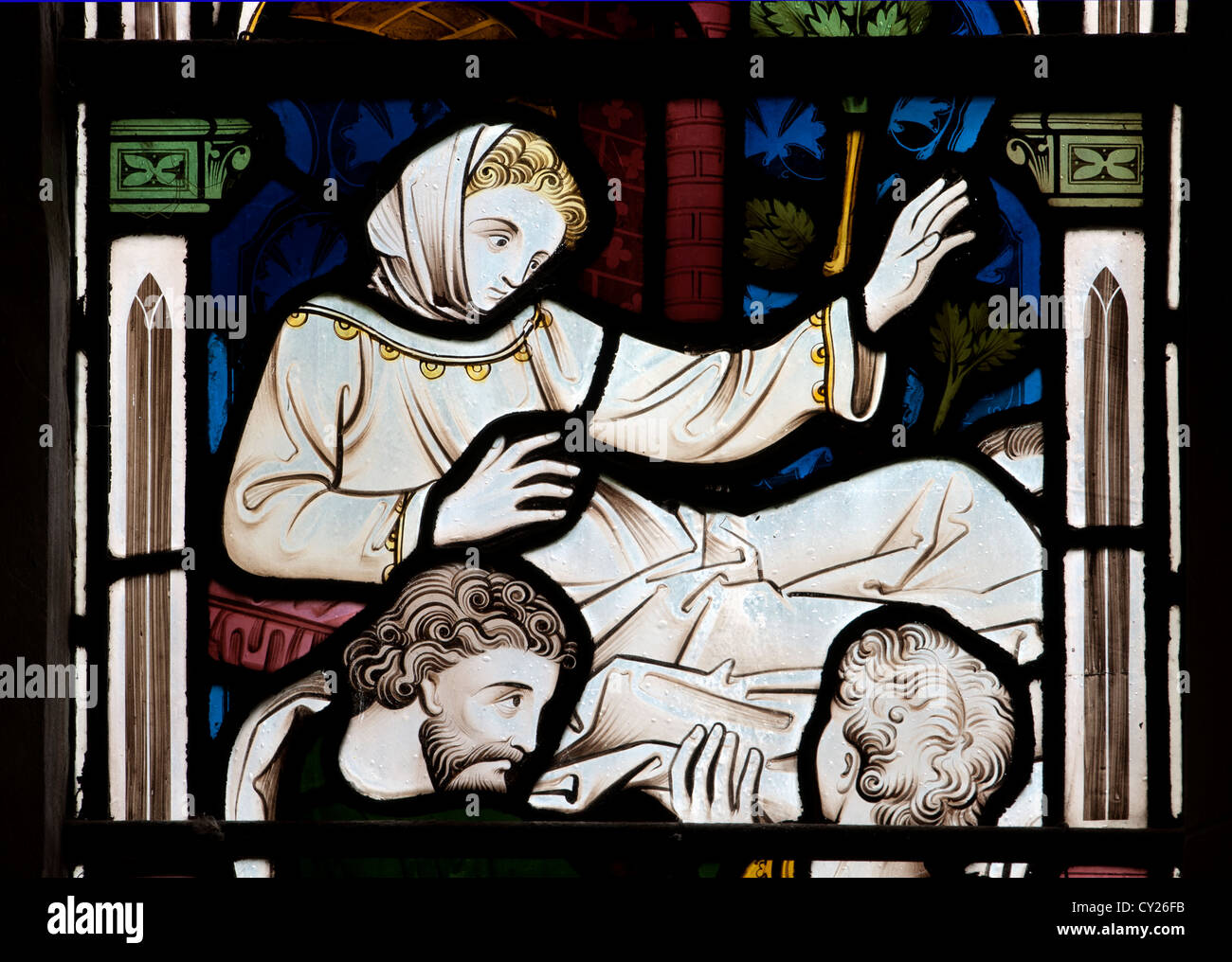 Christ`s raising of the widow`s son miracle, stained glass detail in Alderminster church Stock Photo